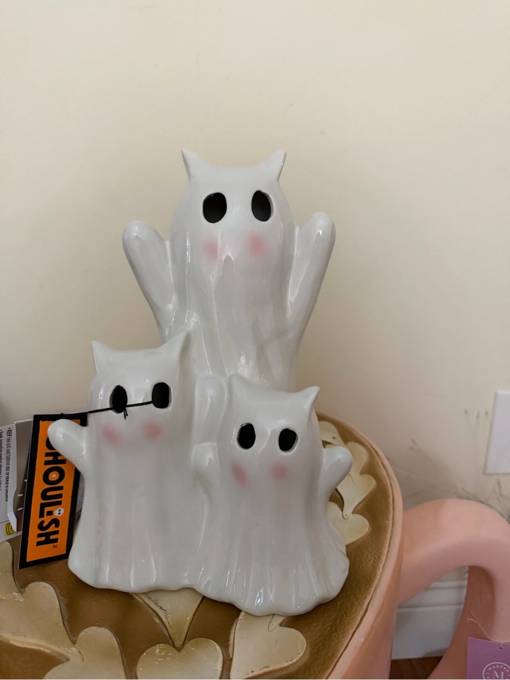 Ghoulish Ceramic Halloween Light Up Cat Ghosts